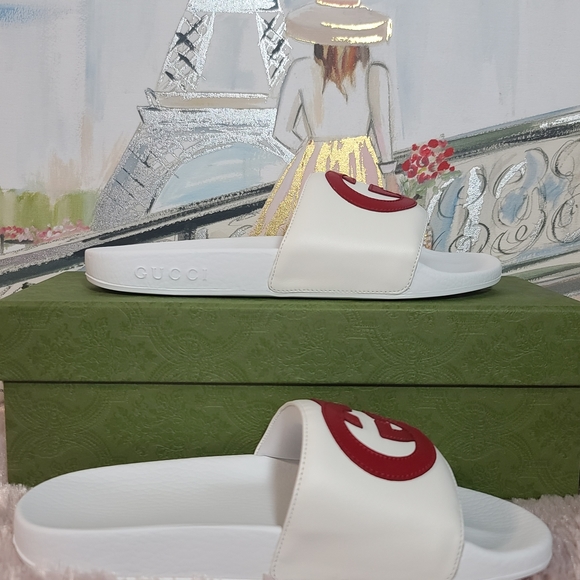 GUCCI Pursuit interlocking GG Logo Slide Sandals, white/red. Brand new in box - Picture 9 of 12